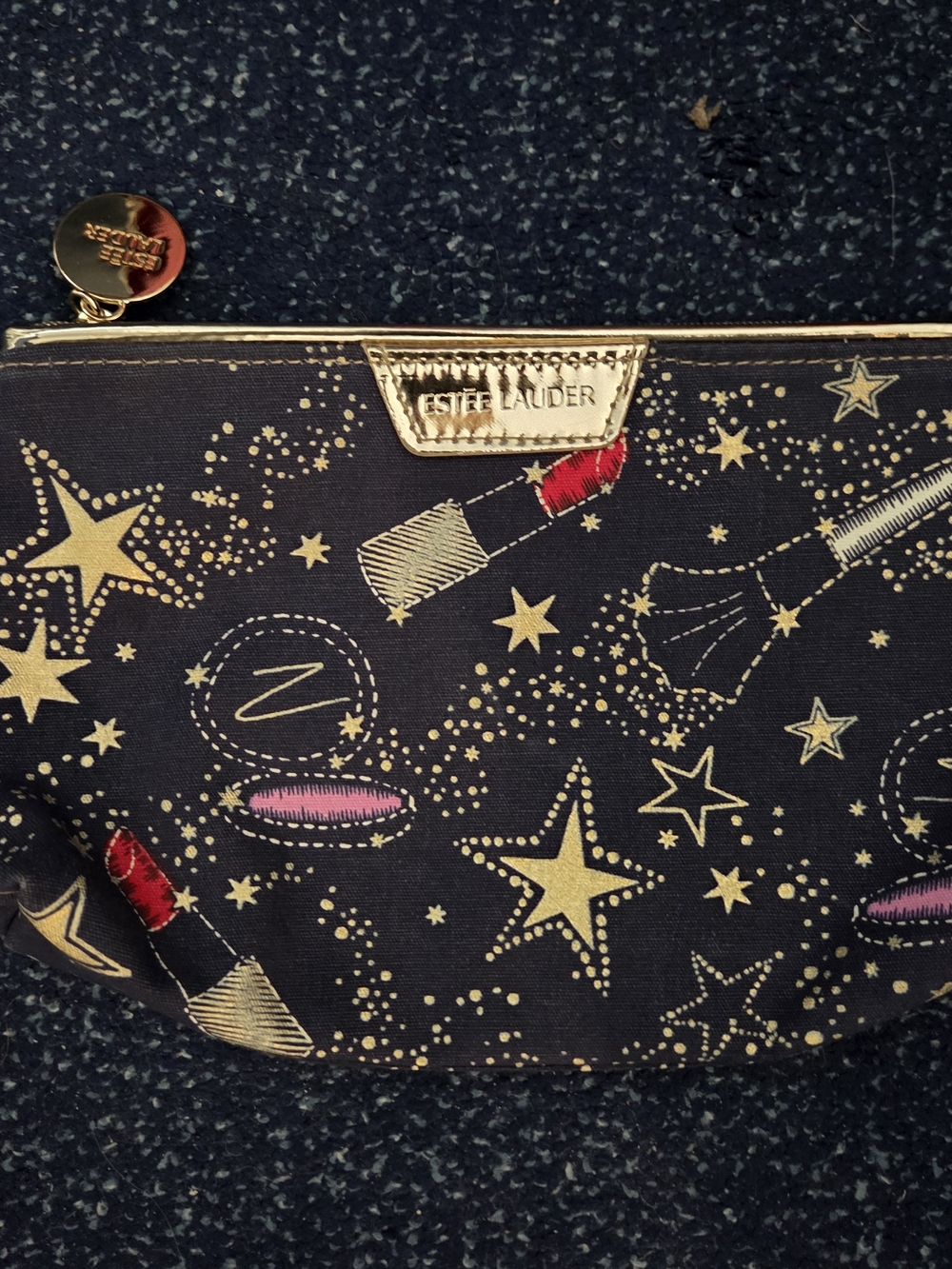 Estee Lauder Navy Cosmetic Pouch with Gold Stars and Makeup Print